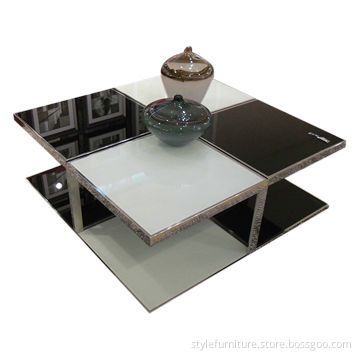 Square table design, with tempered-glass top and stainless metal frame
